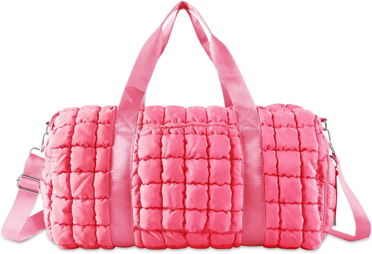 Quilted Gym Bag Duffle for Women,Duffle Bag for Travel with Shoes Compartment,Puffer Weekender Bags Overnight Carry On Bag with Trolley Sleeve for Airplanes,Personal Item Sports Duffel Dance Bag(Pink)