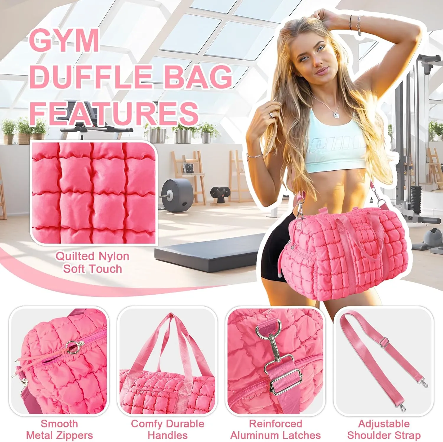 Quilted Gym Bag Duffle for Women,Duffle Bag for Travel with Shoes Compartment,Puffer Weekender Bags Overnight Carry On Bag with Trolley Sleeve for Airplanes,Personal Item Sports Duffel Dance Bag(Pink)