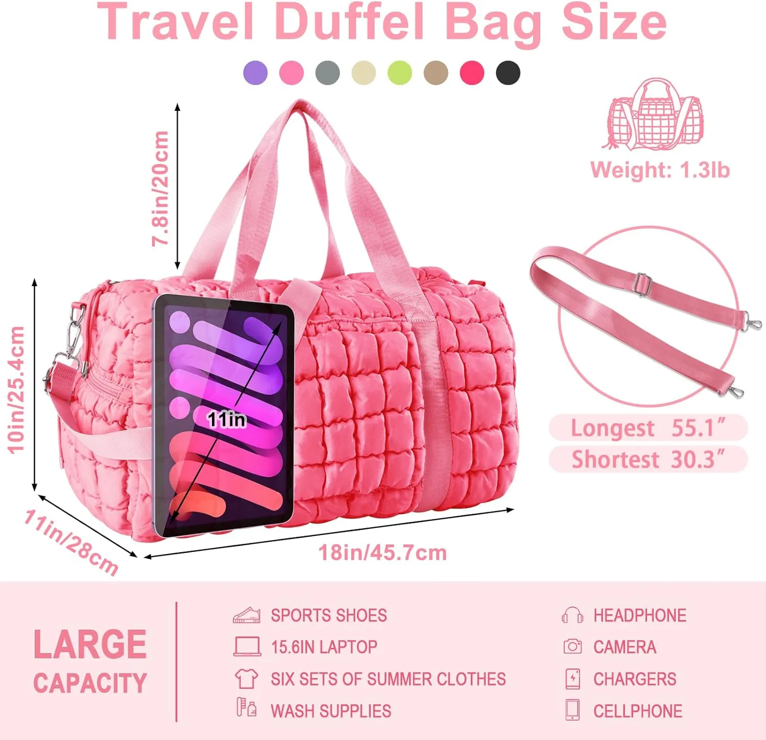 Quilted Gym Bag Duffle for Women,Duffle Bag for Travel with Shoes Compartment,Puffer Weekender Bags Overnight Carry On Bag with Trolley Sleeve for Airplanes,Personal Item Sports Duffel Dance Bag(Pink)