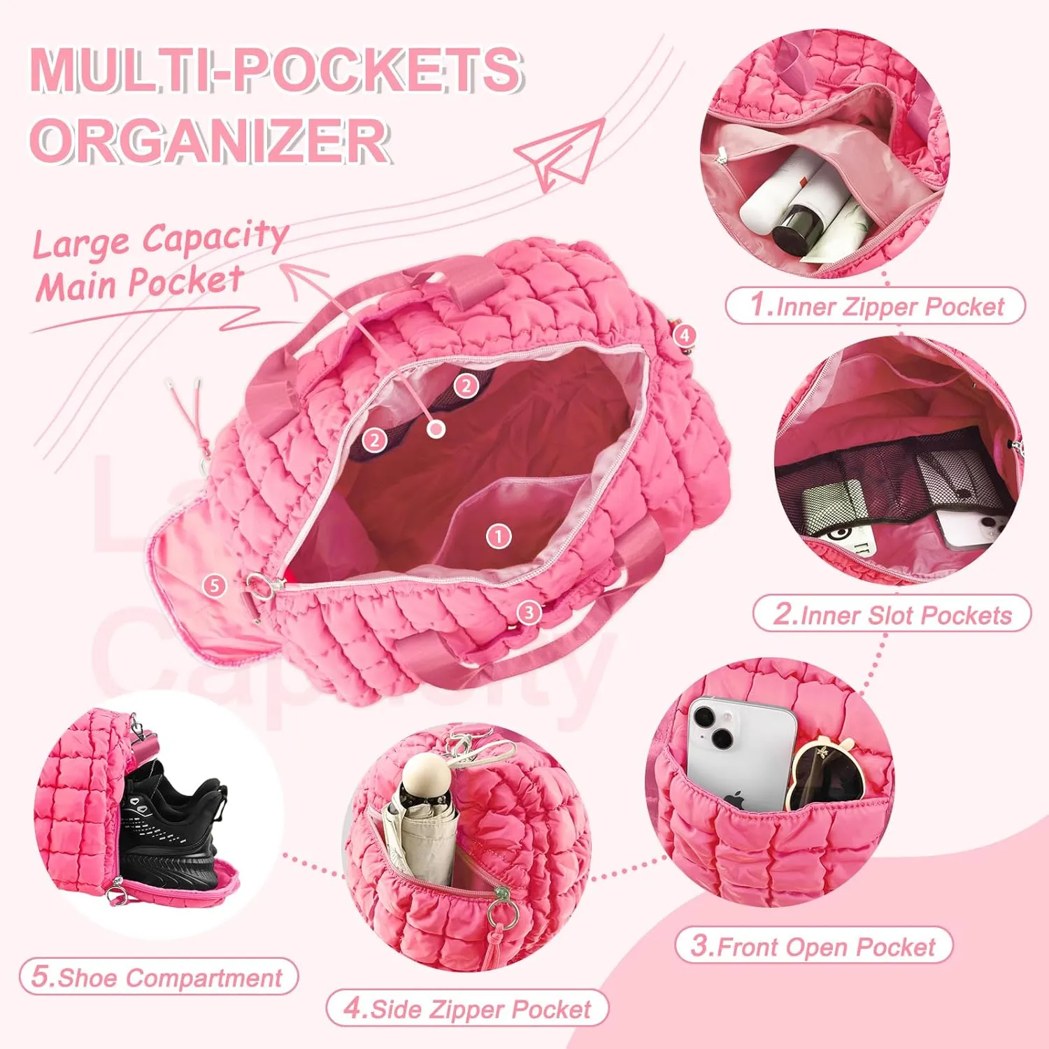 Quilted Gym Bag Duffle for Women,Duffle Bag for Travel with Shoes Compartment,Puffer Weekender Bags Overnight Carry On Bag with Trolley Sleeve for Airplanes,Personal Item Sports Duffel Dance Bag(Pink)