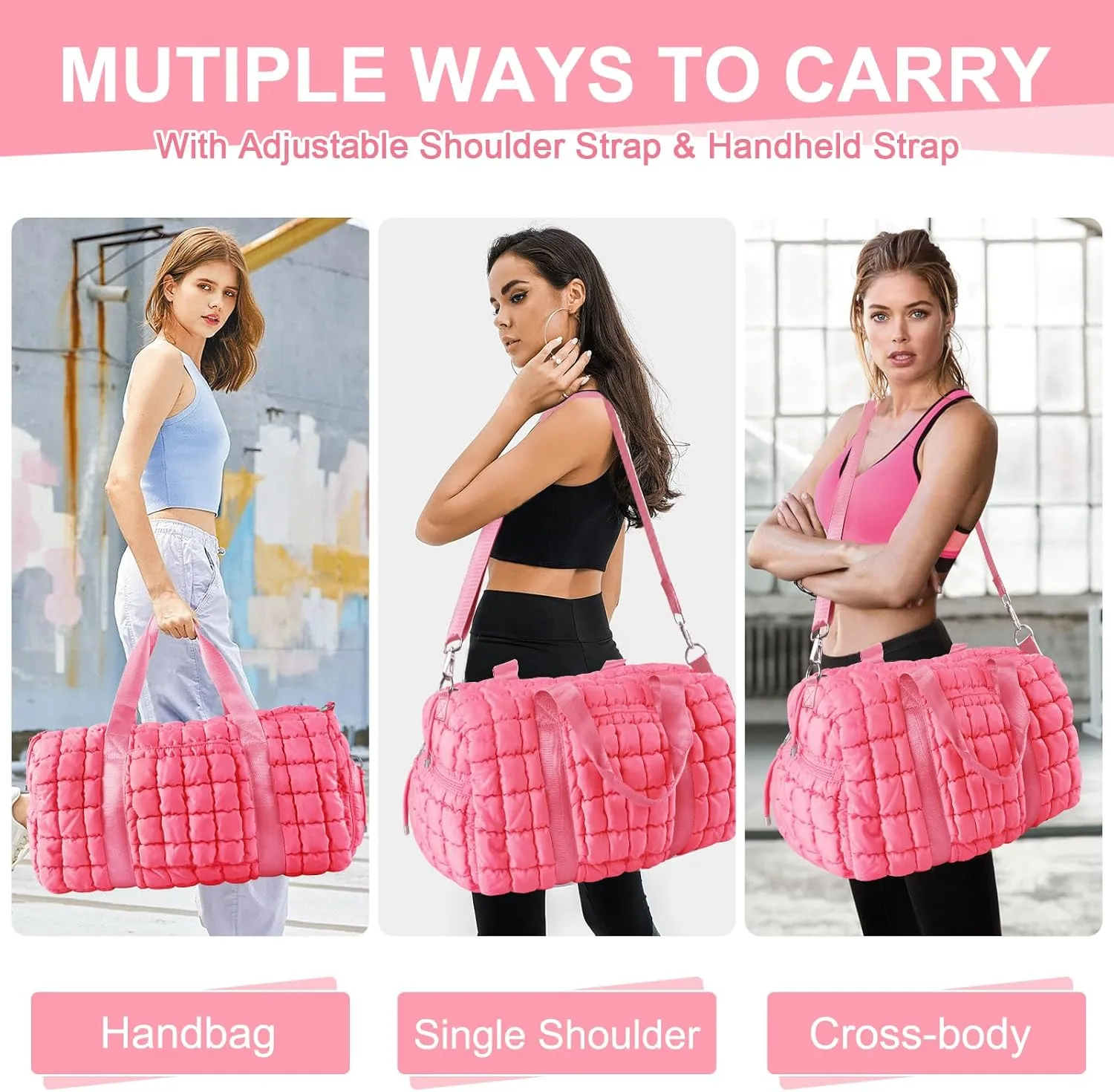 Quilted Gym Bag Duffle for Women,Duffle Bag for Travel with Shoes Compartment,Puffer Weekender Bags Overnight Carry On Bag with Trolley Sleeve for Airplanes,Personal Item Sports Duffel Dance Bag(Pink)