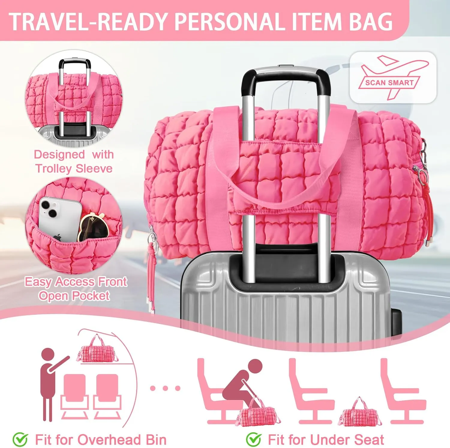 Quilted Gym Bag Duffle for Women,Duffle Bag for Travel with Shoes Compartment,Puffer Weekender Bags Overnight Carry On Bag with Trolley Sleeve for Airplanes,Personal Item Sports Duffel Dance Bag(Pink)