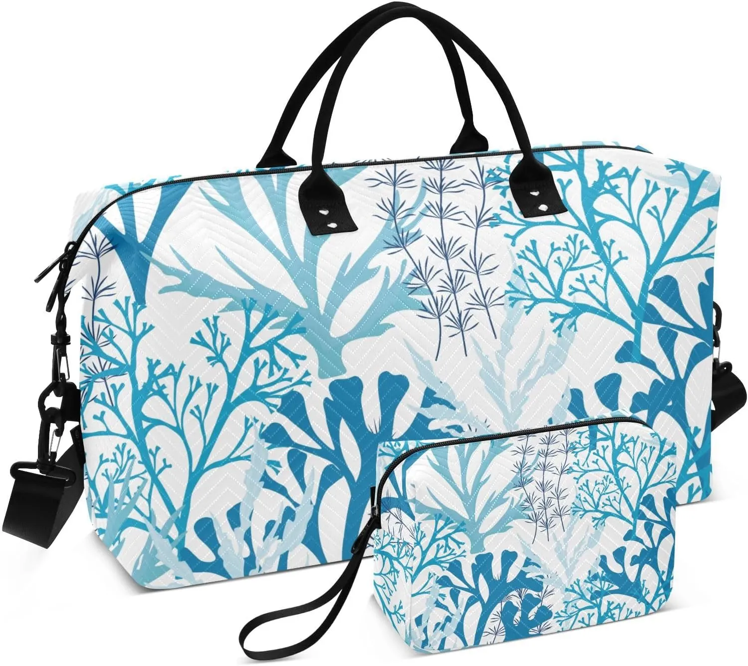 Quilted Gym Duffel Bag Underwater Corals and Seaweed Overnight Weekender Bags Set for Travel