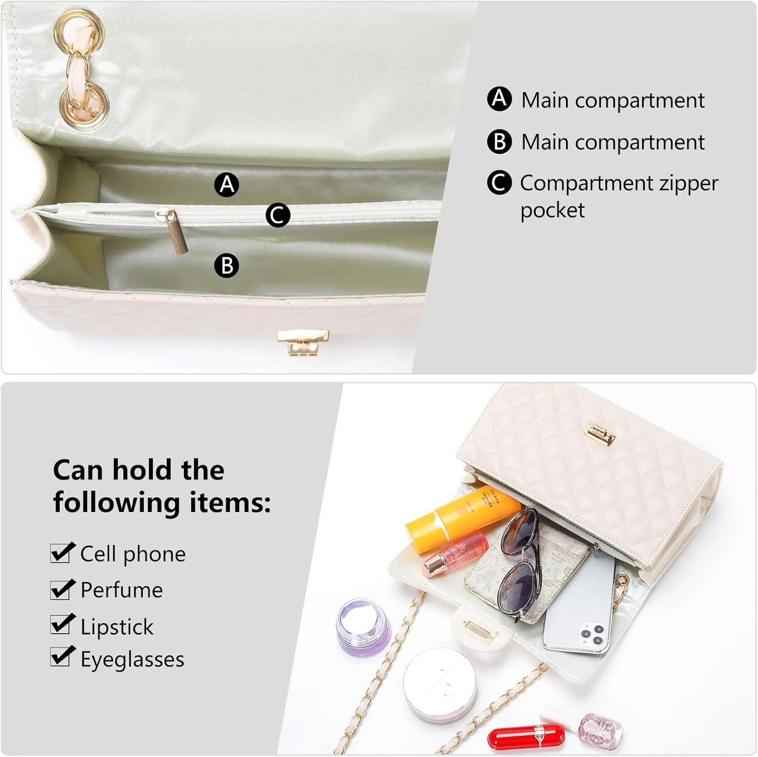 Quilted Leather Crossbody Bags for Women Trendy Ladies Shoulder Purse Satchel HandBag with Chain Strap