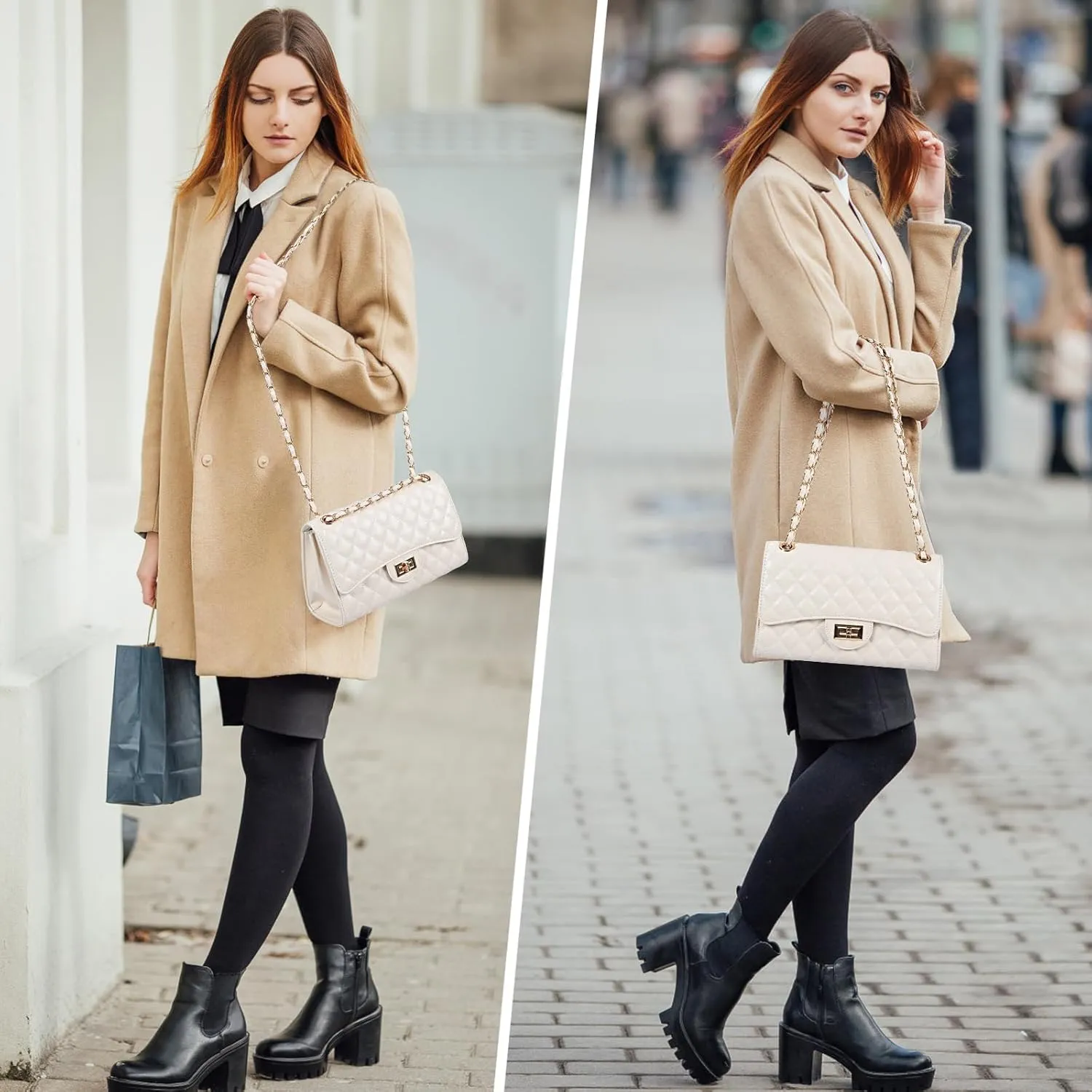 Quilted Leather Crossbody Bags for Women Trendy Ladies Shoulder Purse Satchel HandBag with Chain Strap