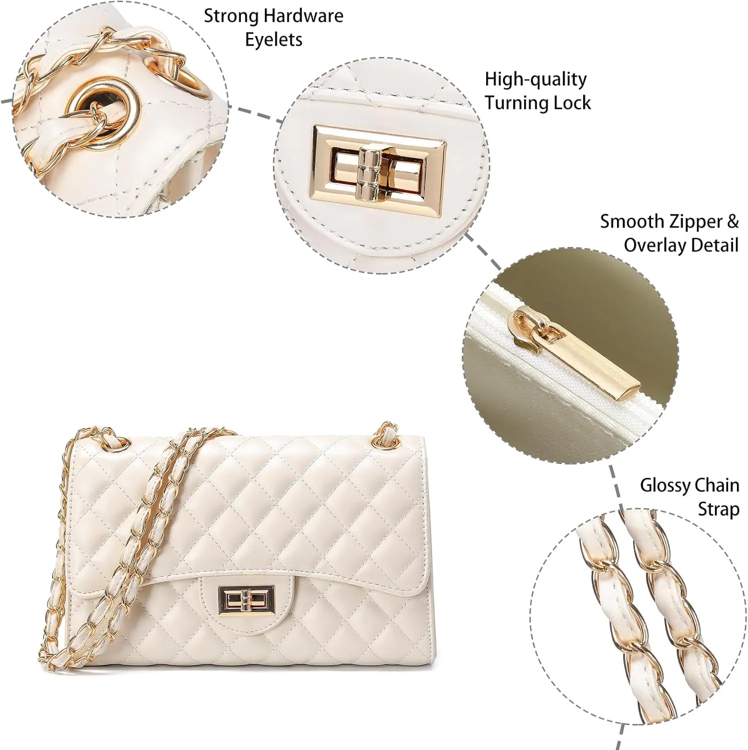 Quilted Leather Crossbody Bags for Women Trendy Ladies Shoulder Purse Satchel HandBag with Chain Strap