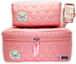 Quilted Makeup Bag Set, Extra Large Traveling Makeup & Toiletry Bag for Women in Cotton EVA Organizer Pouches, Travel Vanity Case for Skincare & Brushes, Big quilted with FREE GUIDE