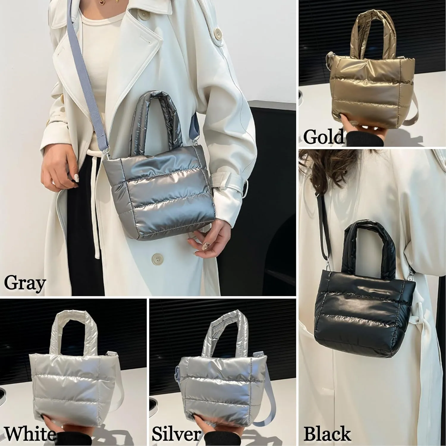 Quilted Metallic Lightweight Phone Crossbody Purse, Puffer Small Tote Bag Soft Padded Adjustable Strap, Women Shoulder Bag