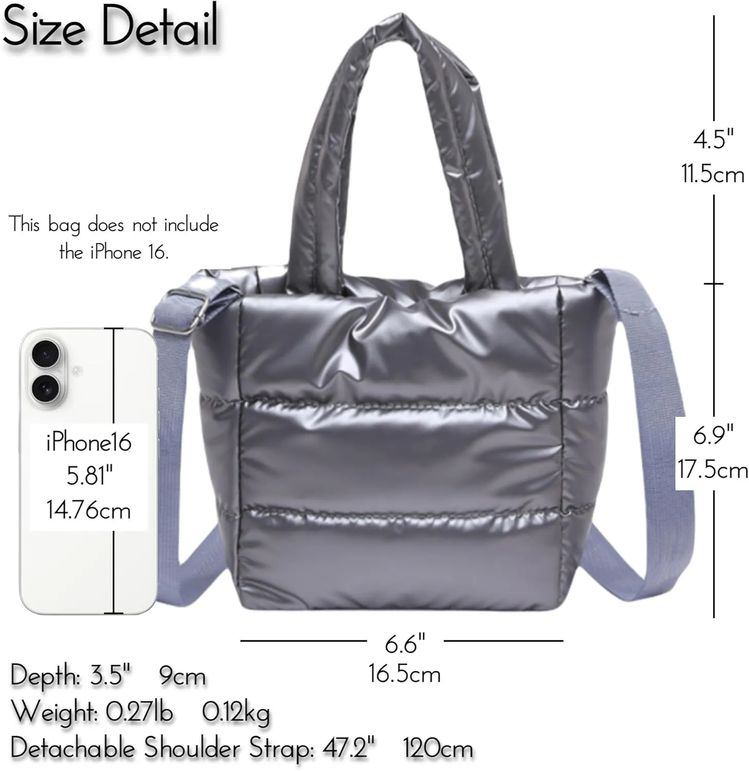 Quilted Metallic Lightweight Phone Crossbody Purse, Puffer Small Tote Bag Soft Padded Adjustable Strap, Women Shoulder Bag