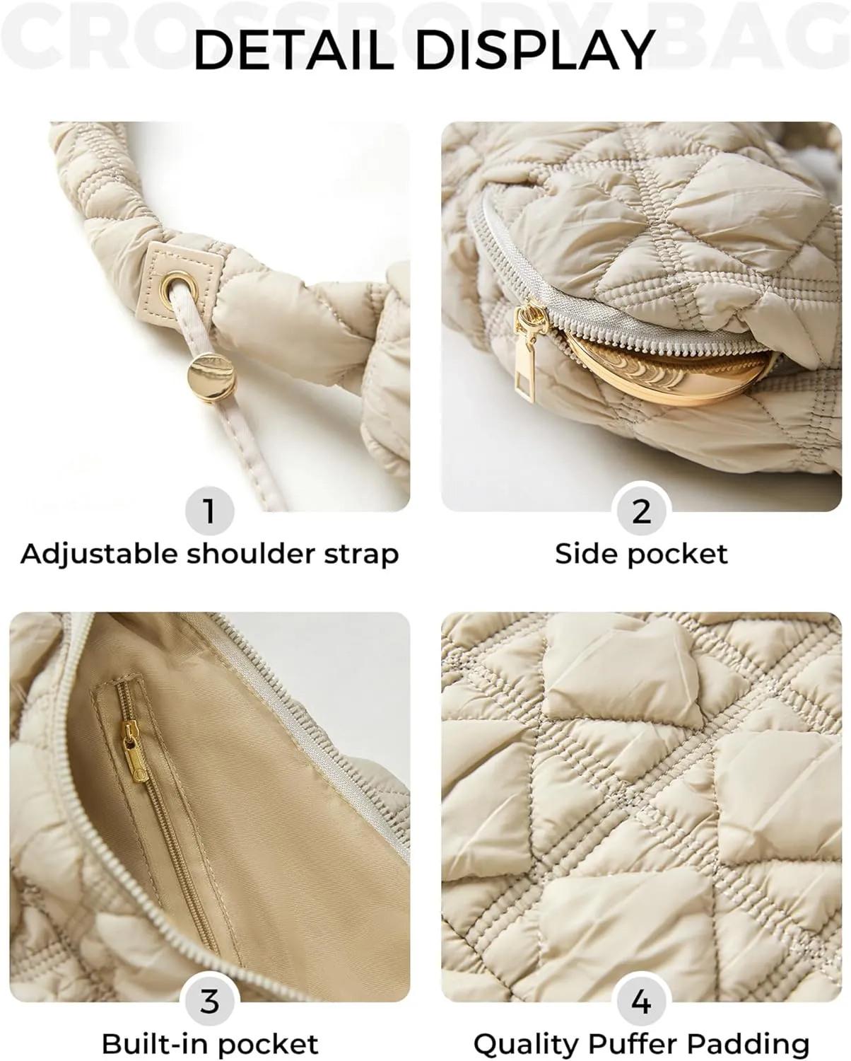 Quilted Puffer Shoulder Bag for Women Crossbody Bags Purse Handbag Carryall Adjustable Crescent Dumpling Sling Bag