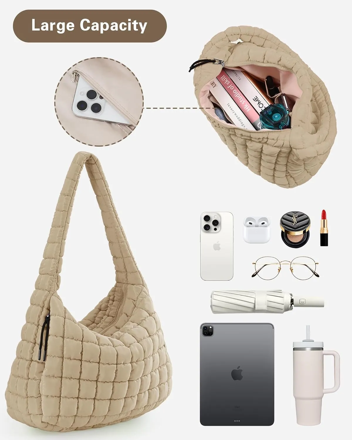 Quilted Puffer Tote Bag for Women Large Tote Bag Puffy Tote Bag with Zipper Lightweight Hobo Bag Crossbody Shoulder Bag