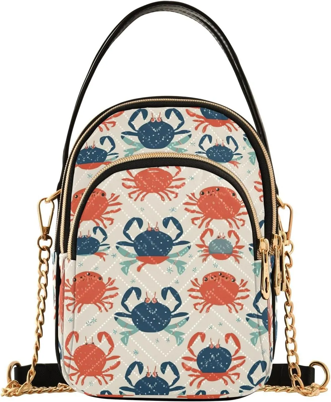 Quilted Shoulder Handbag for Women Crabs Pattern on Light Background Crossbody Handbag with Detachable Leather Chain Shoulder Strap