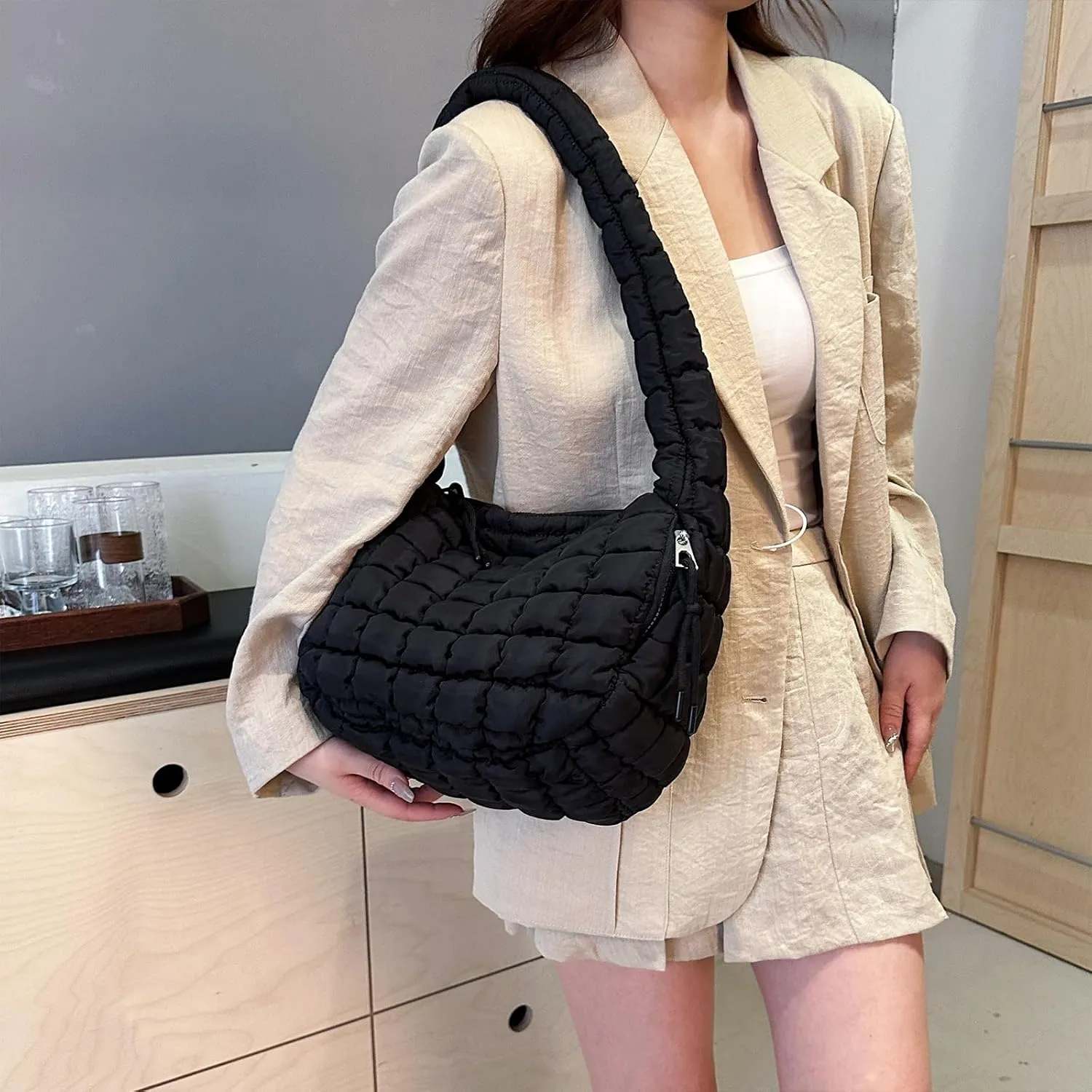 Quilted Tote Bag - Small Lightweight Puffer Hobo Bag for Women