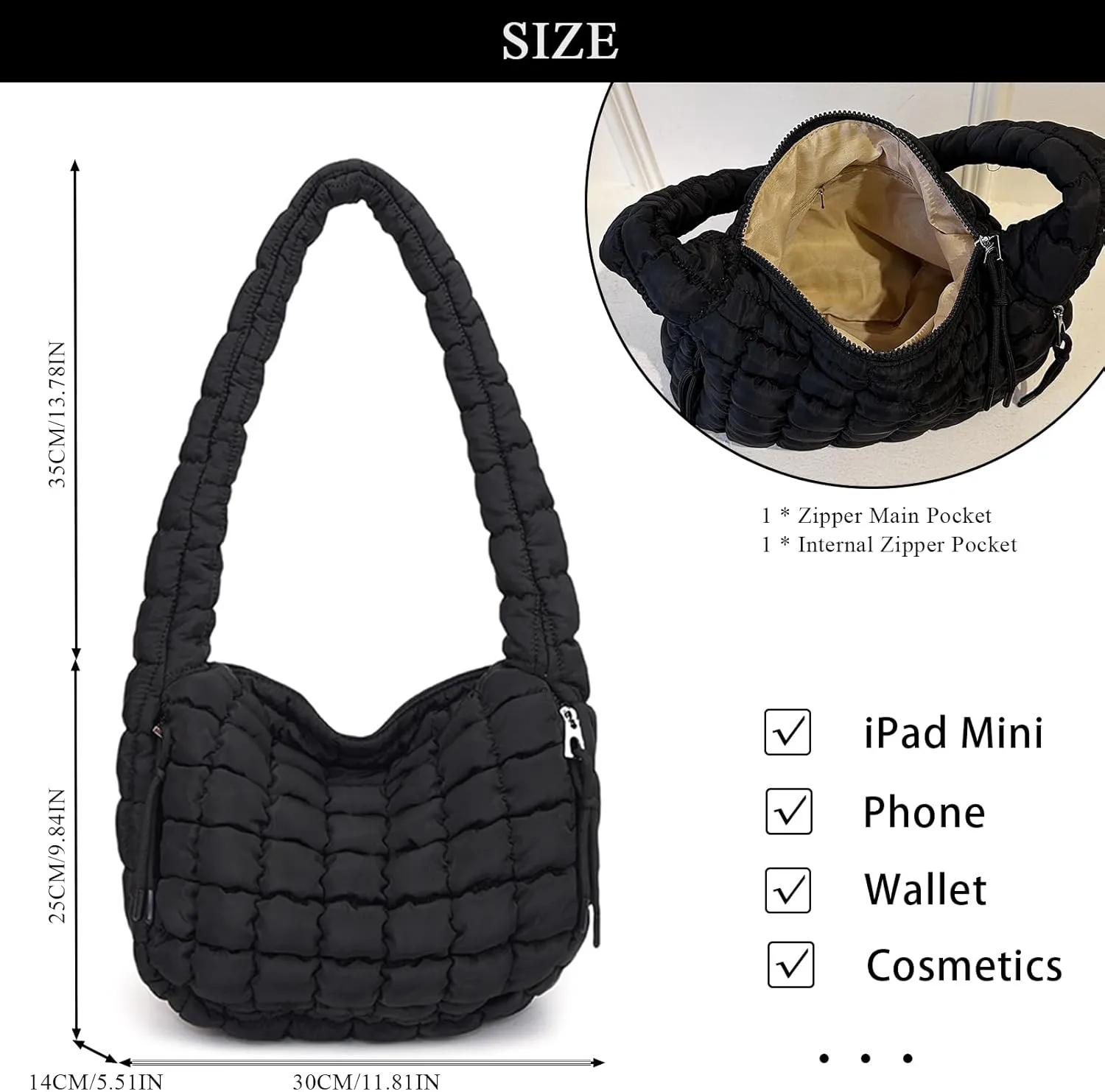 Quilted Tote Bag - Small Lightweight Puffer Hobo Bag for Women