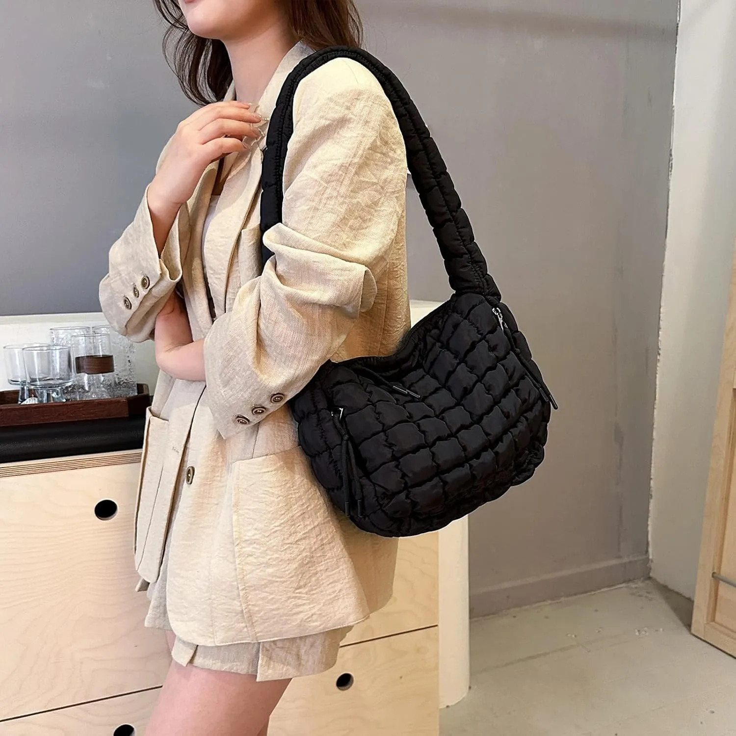 Quilted Tote Bag - Small Lightweight Puffer Hobo Bag for Women