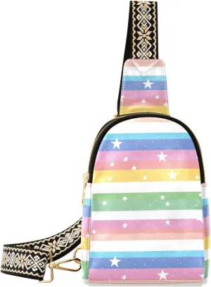 Rainbow Star Full-Print Leather Fashion Waist Pack Small Crossbody Bag with Card Slots & Adjustable Strap for Biking Shopping Hiking Running & Casual Outings