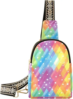 Rainbow Star Stylish PU Leather Waist Pack Soft Waterproof Crossbody Bag with Metal Hardware Fits Keys Phone Passport for Work Walks Music Fests & Trips