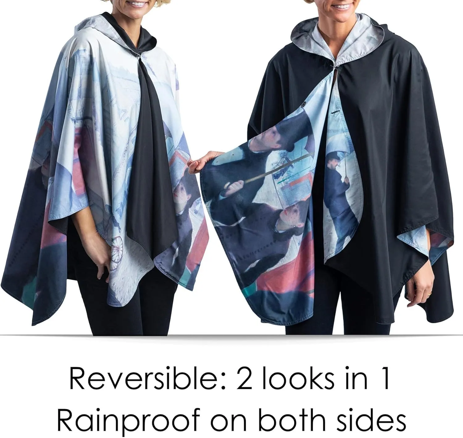 RainCaper Womens Rain Cape Poncho Coat Waterproof with Hood Reversible Fine Art