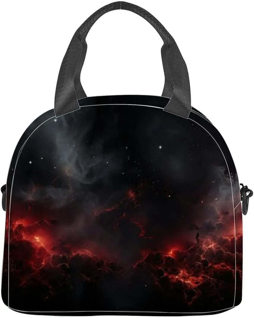 Red powder explosion black Freeze motion red dust particles splash Insulated Adult Lunch Bag with Shoulder Strap for Women Lightweight Reusable Portable Freezable Lunch Tote Bag for Work Picnic
