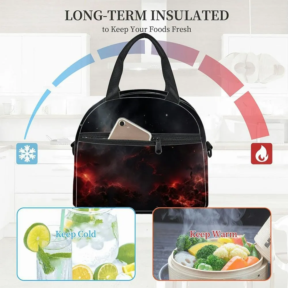 Red powder explosion black Freeze motion red dust particles splash Insulated Adult Lunch Bag with Shoulder Strap for Women Lightweight Reusable Portable Freezable Lunch Tote Bag for Work Picnic