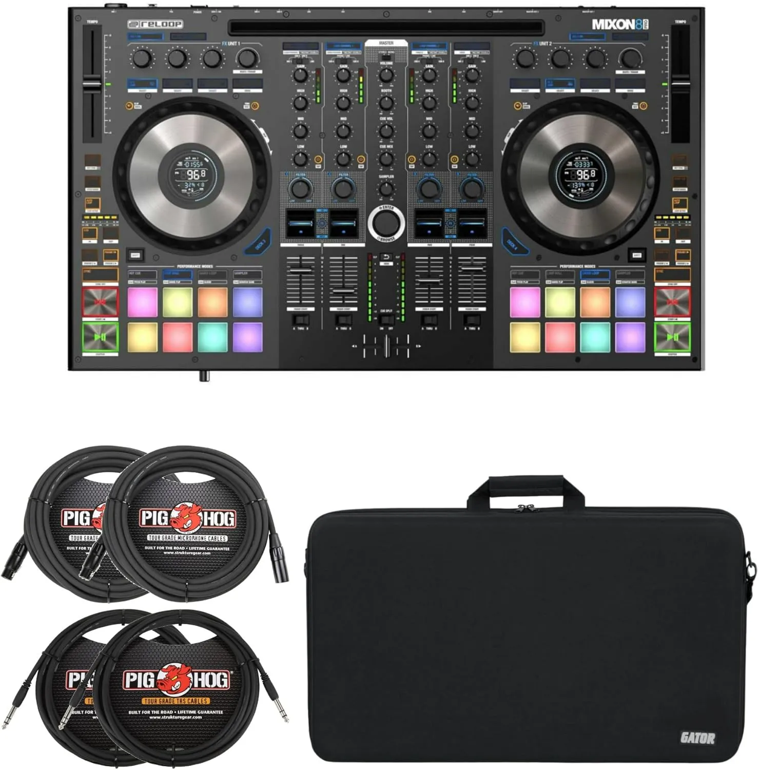 Reloop Mixon 8 Pro 4-channel DJ Controller Bundle with Gator EVA DJ Controller Case, XLR Cables, and 1/4" TRS Cables (6 Items)