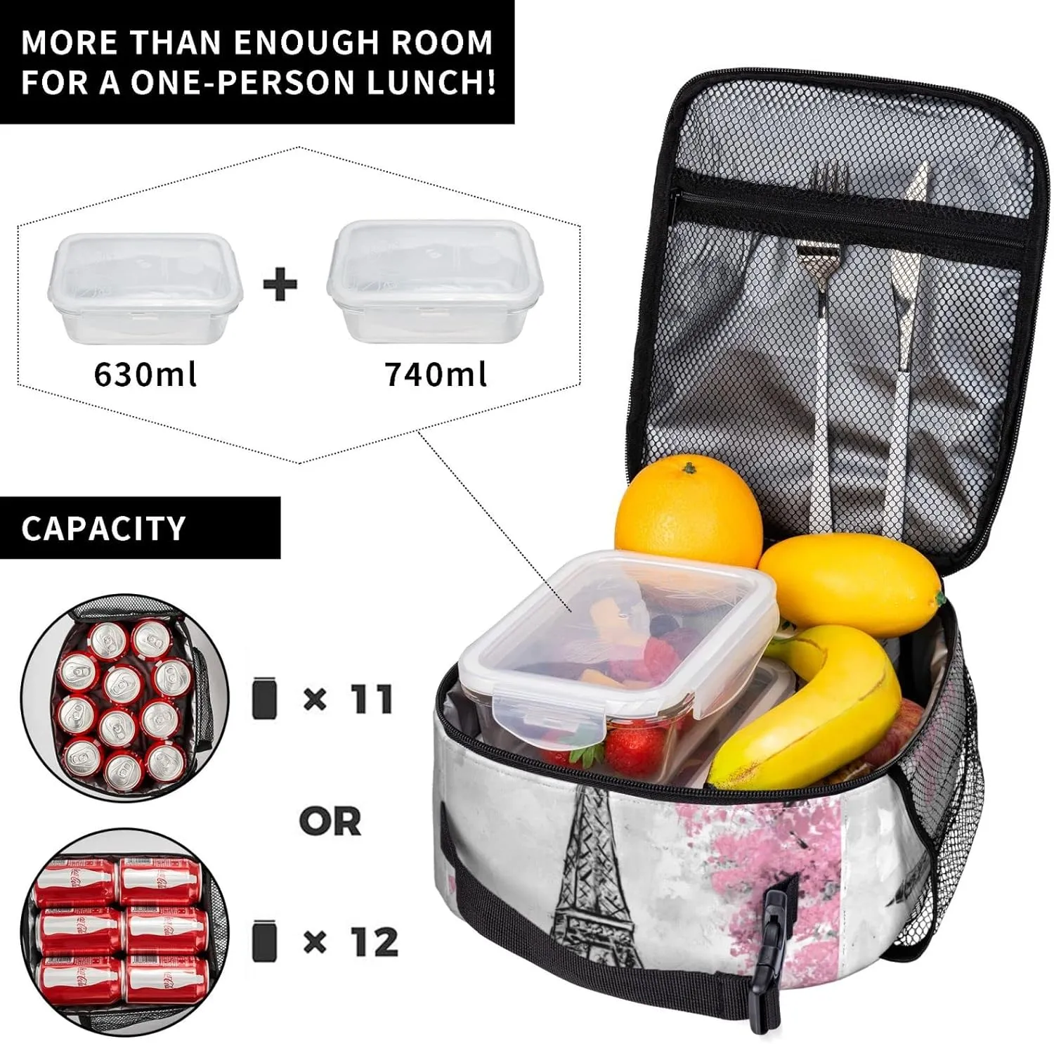 Retro Paris Eiffel Tower Lunch Bag Insulated Portable Reusable Lunch Box With Zipper For Picnic Work Office Travel School