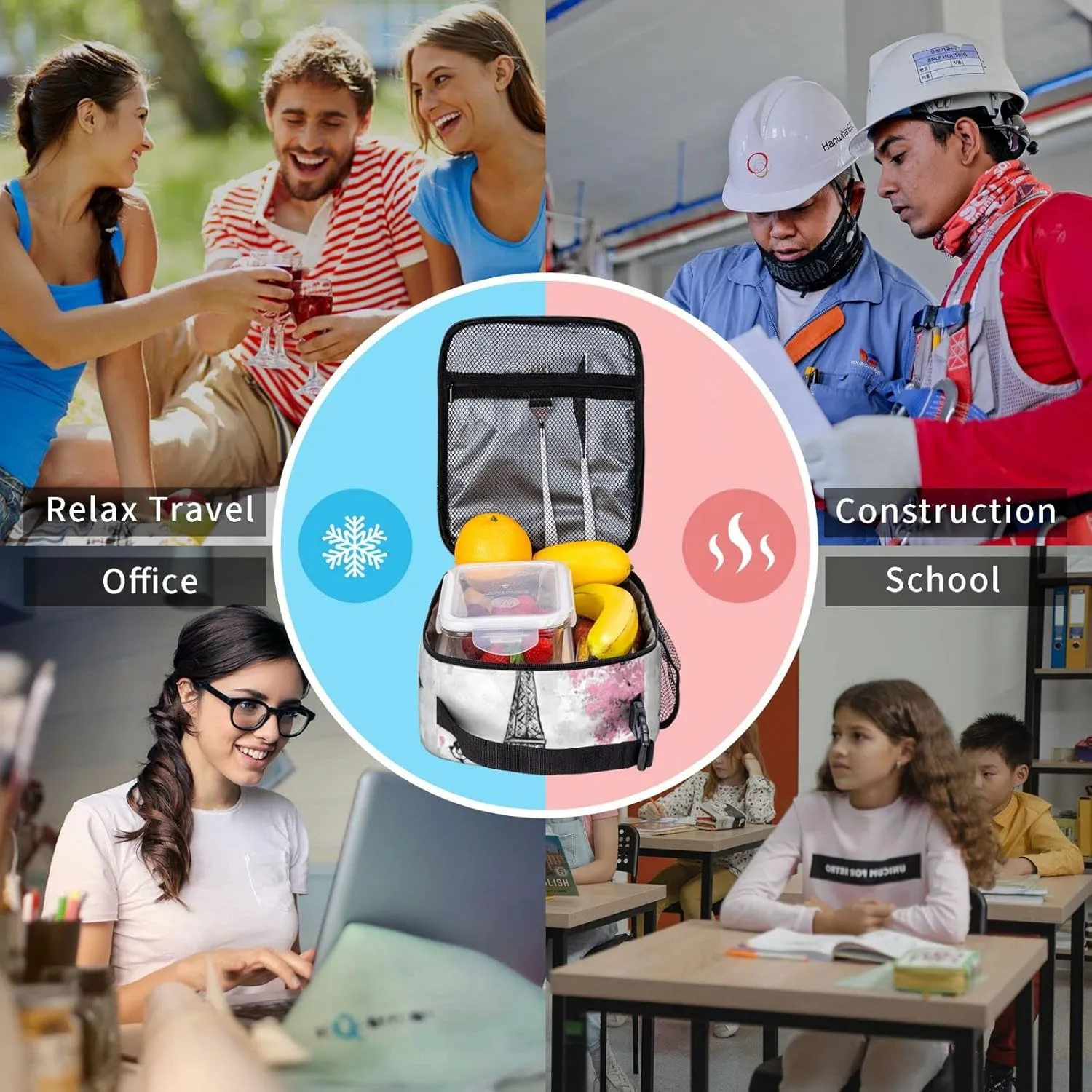 Retro Paris Eiffel Tower Lunch Bag Insulated Portable Reusable Lunch Box With Zipper For Picnic Work Office Travel School