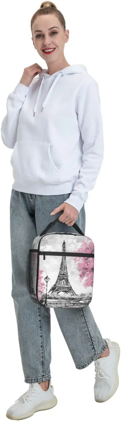 Retro Paris Eiffel Tower Lunch Bag Insulated Portable Reusable Lunch Box With Zipper For Picnic Work Office Travel School
