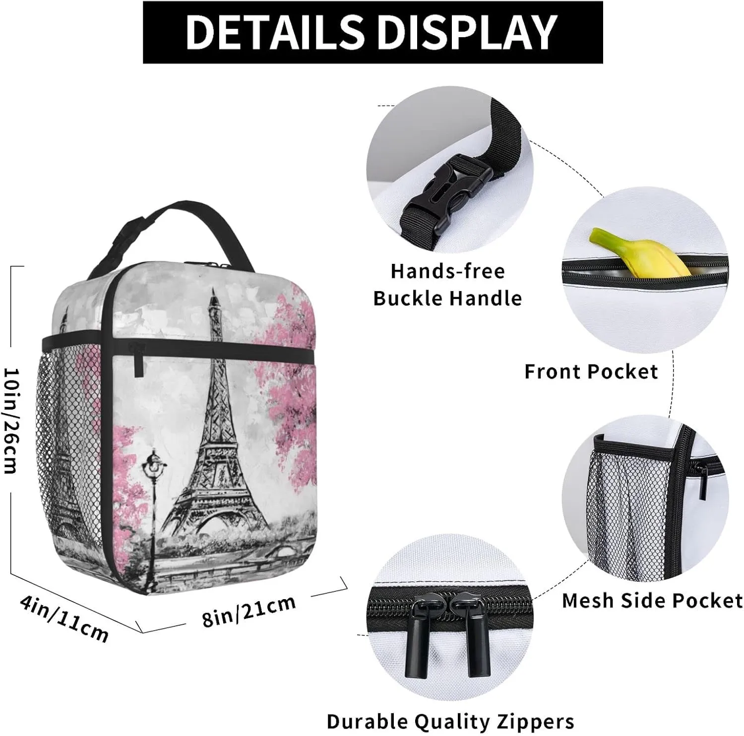 Retro Paris Eiffel Tower Lunch Bag Insulated Portable Reusable Lunch Box With Zipper For Picnic Work Office Travel School