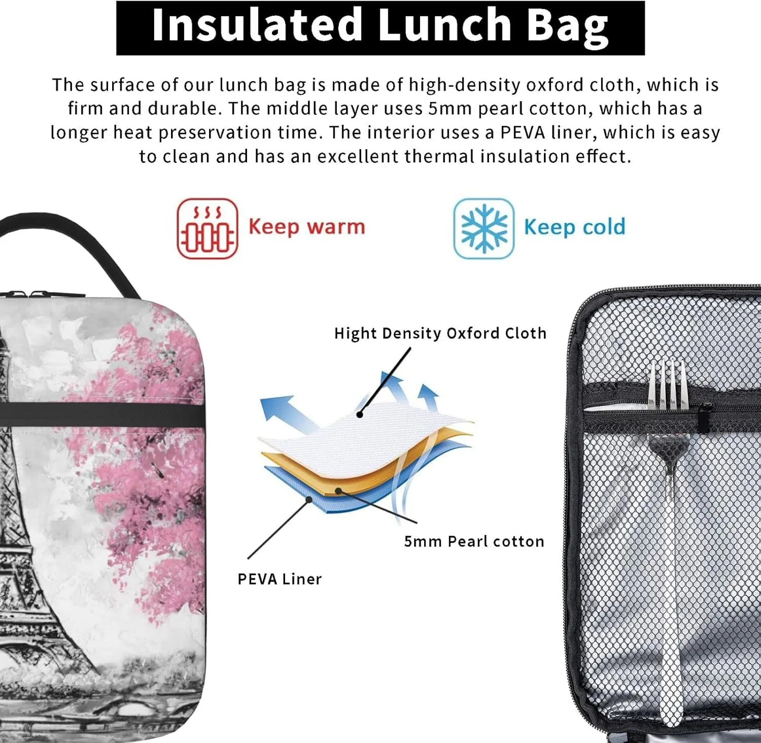 Retro Paris Eiffel Tower Lunch Bag Insulated Portable Reusable Lunch Box With Zipper For Picnic Work Office Travel School