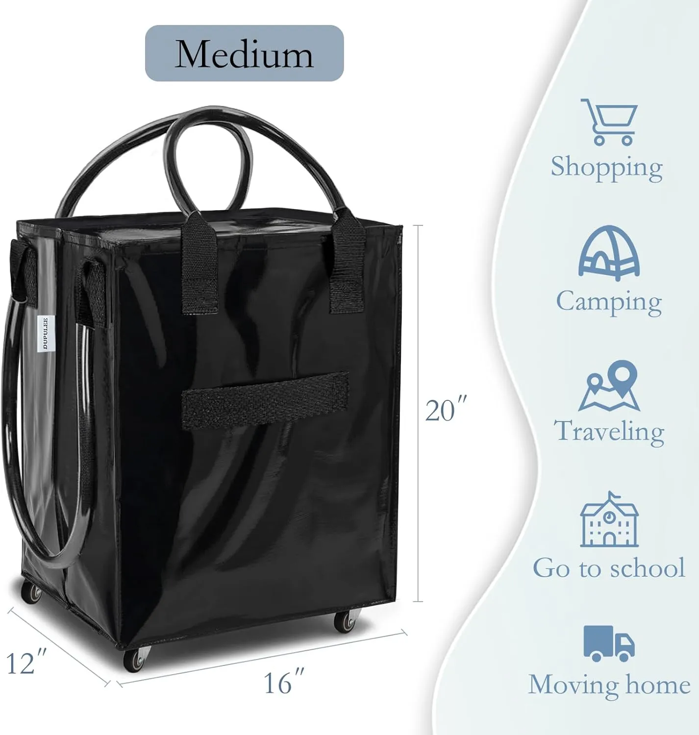 Reusable Grocery Bag On Wheels,Shopping Trolley with Zipper Closure,Rolling Tote,Lightweight&Foldable,Unbreakable Handles,66 lb Capacity(Medium,Black)