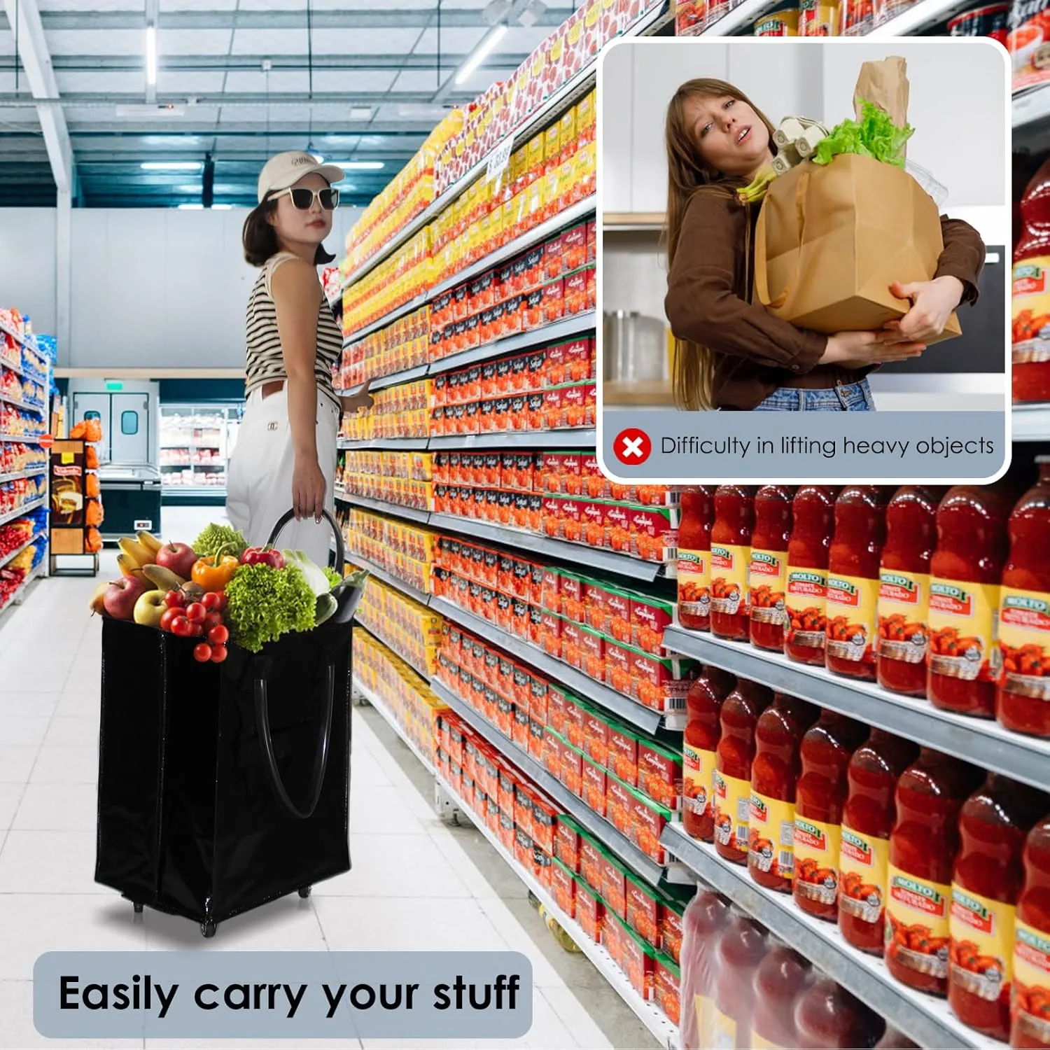 Reusable Grocery Bag On Wheels,Shopping Trolley with Zipper Closure,Rolling Tote,Lightweight&Foldable,Unbreakable Handles,66 lb Capacity(Medium,Black)