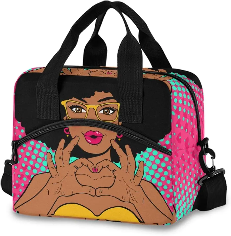 Reusable Lunch Bag for Girls Women,Young African American Woman With Lips Lunch Box Container with Detachable Shoulder Strap,Insulated Lunch Coolers for School Office