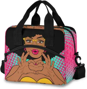 Reusable Lunch Bag for Girls Women,Young African American Woman With Lips Lunch Box Container with Detachable Shoulder Strap,Insulated Lunch Coolers for School Office