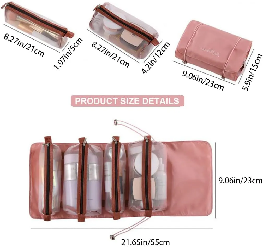 Roll Up Makeup Bag, Hanging Toiletry Bag, 4 in 1 Detachable Cosmetic Bag, 4 Removable Storage Bags, Travel Makeup Organizer Bags for Women Men(Pink)