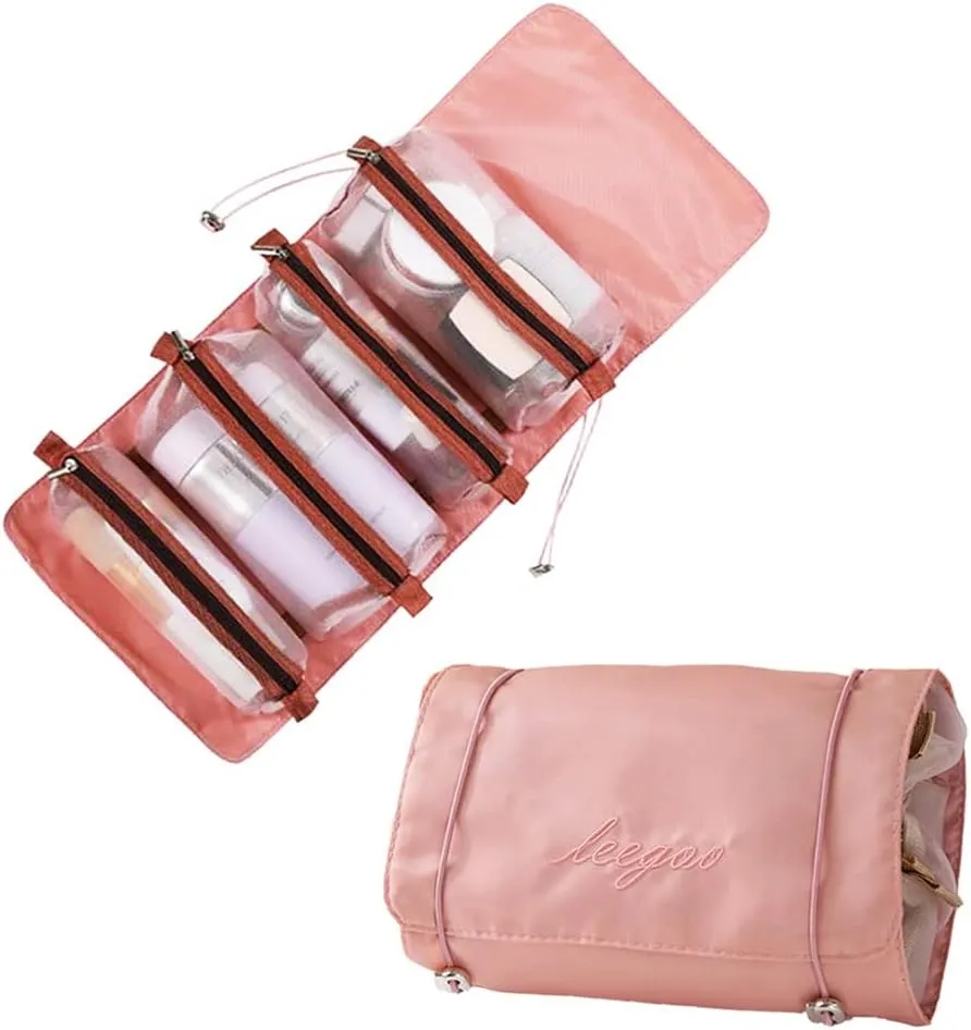 Roll Up Makeup Bag, Hanging Toiletry Bag, 4 in 1 Detachable Cosmetic Bag, 4 Removable Storage Bags, Travel Makeup Organizer Bags for Women Men(Pink)