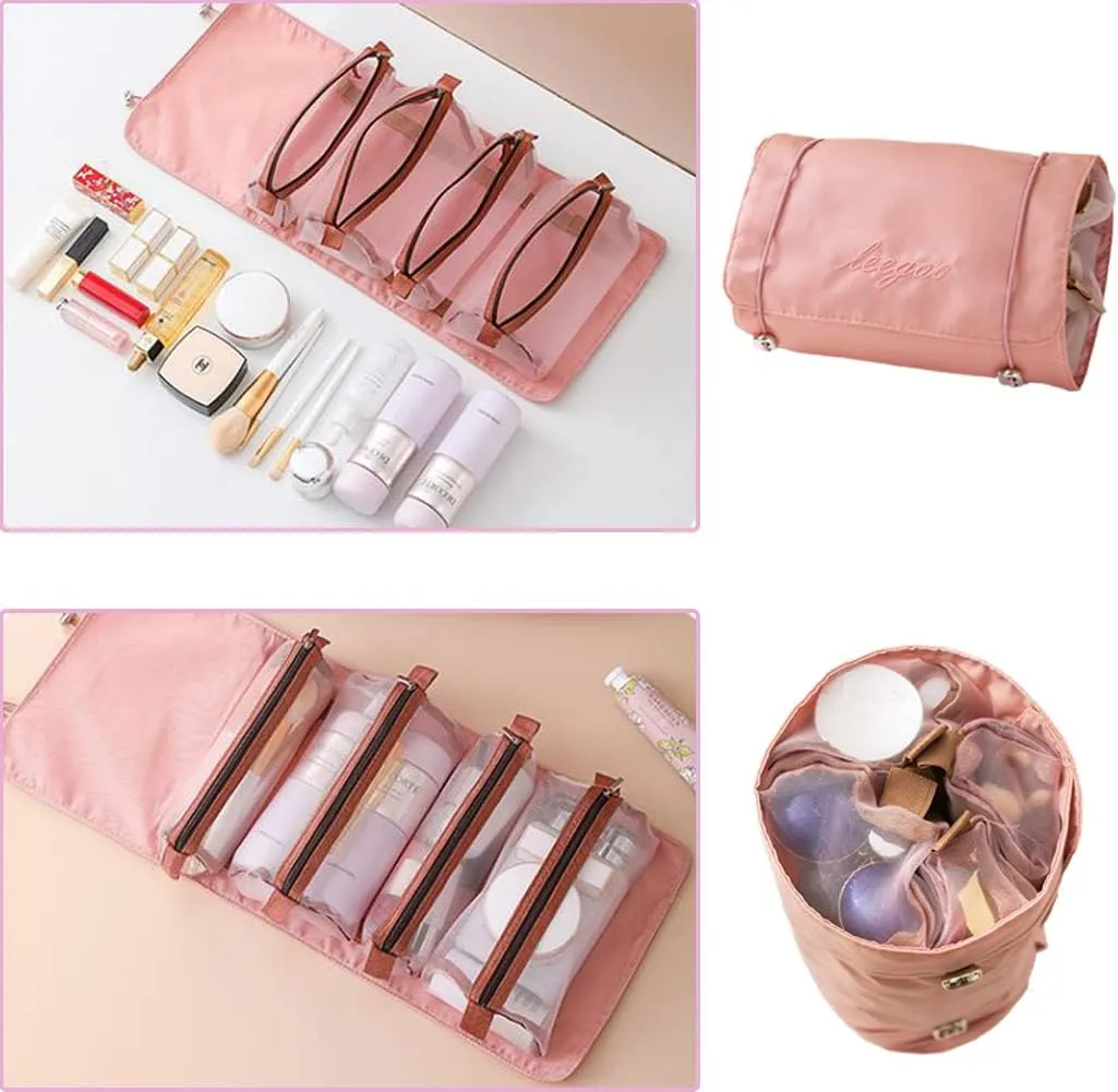 Roll Up Makeup Bag, Hanging Toiletry Bag, 4 in 1 Detachable Cosmetic Bag, 4 Removable Storage Bags, Travel Makeup Organizer Bags for Women Men(Pink)