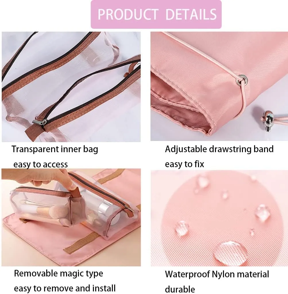 Roll Up Makeup Bag, Hanging Toiletry Bag, 4 in 1 Detachable Cosmetic Bag, 4 Removable Storage Bags, Travel Makeup Organizer Bags for Women Men(Pink)