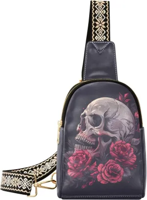 Rose Skull Stylish PU Leather Waist Pack Soft Waterproof Crossbody Bag with Metal Hardware Fits Keys Phone Passport for Work Walks Music Fests & Trips