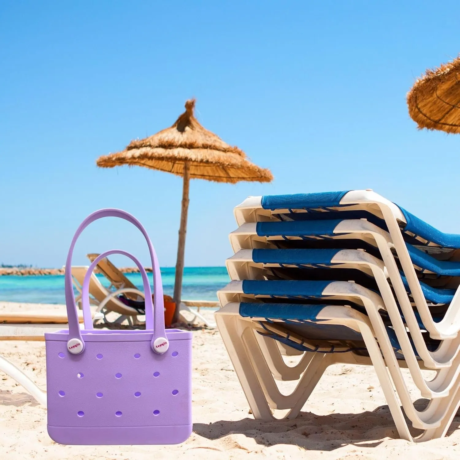 Rubber Tote Bag, Bitty Beach Tote, Double Shoulder Strap, Lightweight Carryall for Beach, Travel, Gym, Pool, Camping