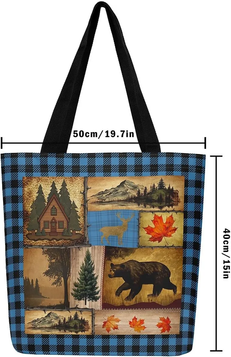 Rustic Farmhouse Canvas Tote Bag,Bear Deer Wildlife Tote Bag