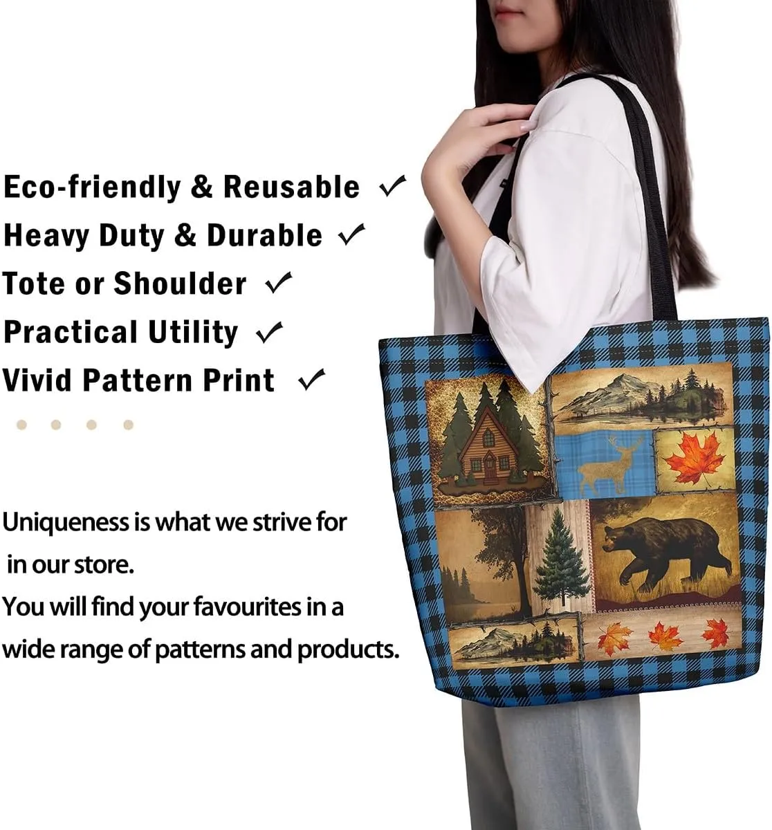 Rustic Farmhouse Canvas Tote Bag,Bear Deer Wildlife Tote Bag