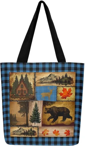 Rustic Farmhouse Canvas Tote Bag,Bear Deer Wildlife Tote Bag