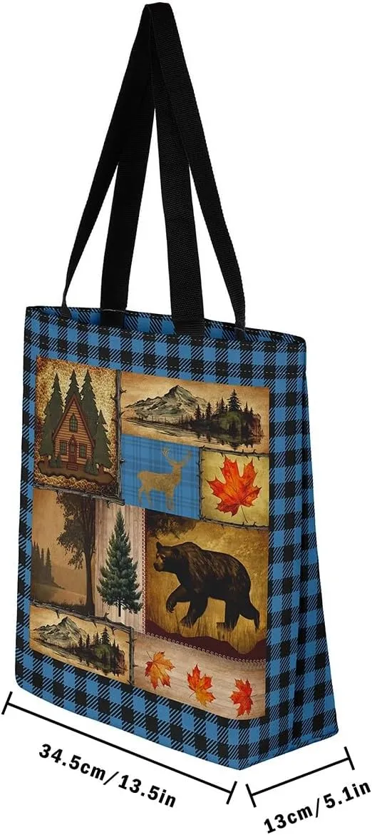 Rustic Farmhouse Canvas Tote Bag,Bear Deer Wildlife Tote Bag