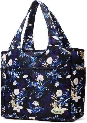 Scorlia Insulated Shoulder Bag, Extra Large Lunch Tote Handbag, Durable Reusable Cooler Ladies Lunch Box Bag with Side Pockets, Tall Drinks Holder for Women Men Work, Blue Flower