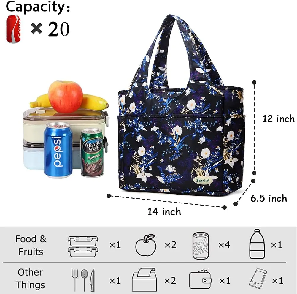 Scorlia Insulated Shoulder Bag, Extra Large Lunch Tote Handbag, Durable Reusable Cooler Ladies Lunch Box Bag with Side Pockets, Tall Drinks Holder for Women Men Work, Blue Flower