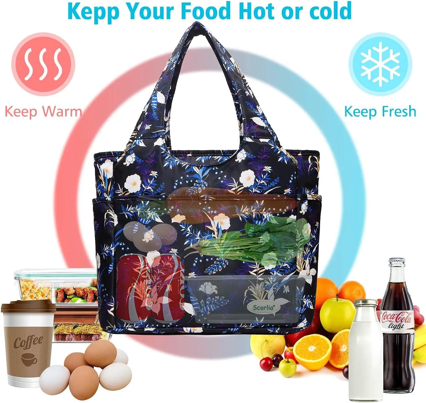 Scorlia Insulated Shoulder Bag, Extra Large Lunch Tote Handbag, Durable Reusable Cooler Ladies Lunch Box Bag with Side Pockets, Tall Drinks Holder for Women Men Work, Blue Flower