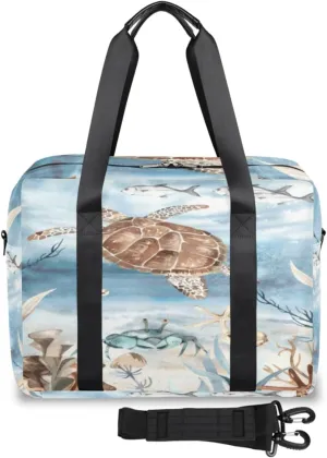 Sea Turtle Algae Fish Starfish Weekender Bag, Waterproof Travel Duffel Bags, Overnight Bags for Women, Duffel Bag with Trolley Sleeve, For Men Travel Business Gym Gift