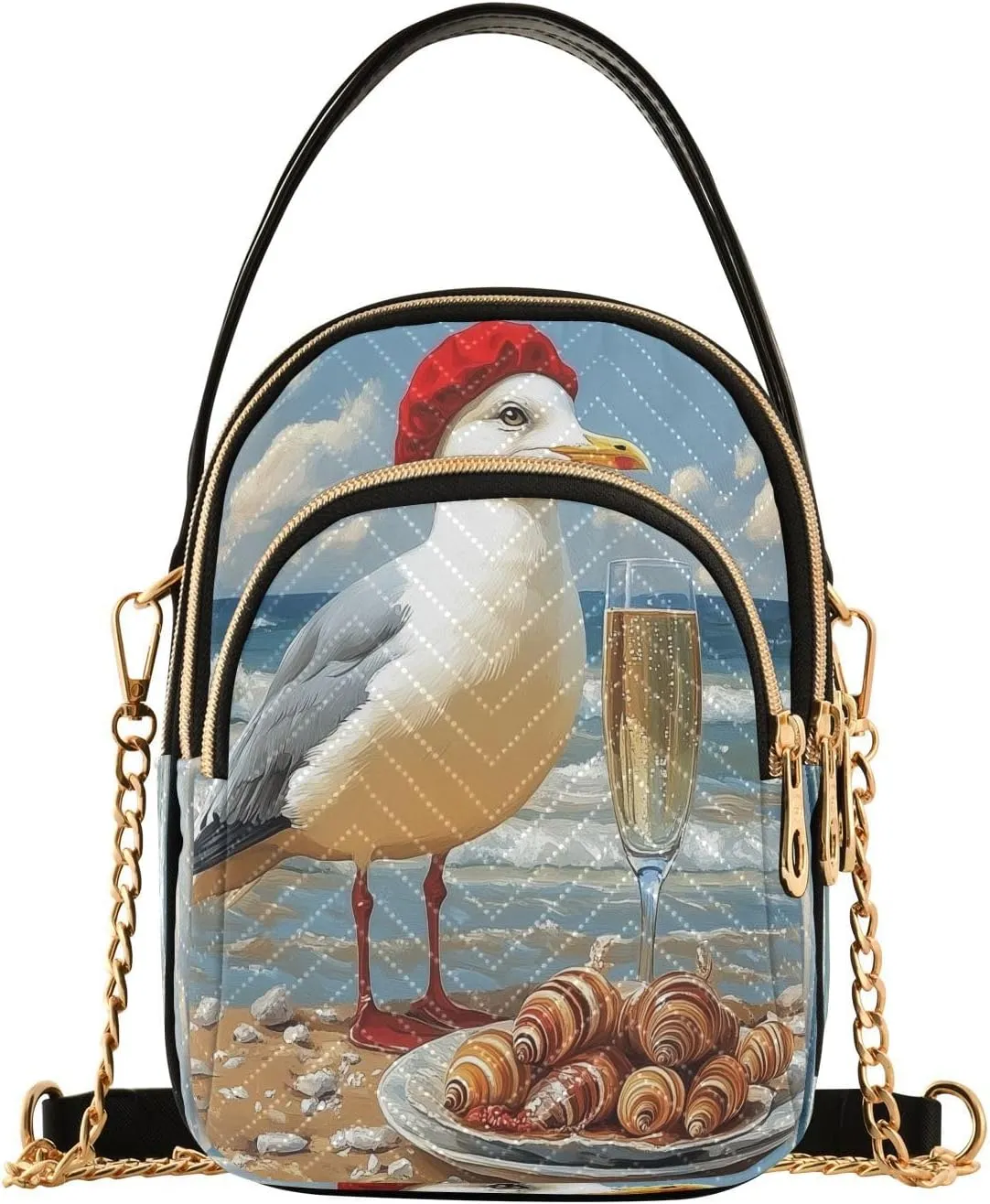 Seagull Wearing Red Beret Women Trendy Quilted Crossbody Bag Sling Bags Handbags with Chain Strap Travel Cross Body Cell Phone Purses Bags