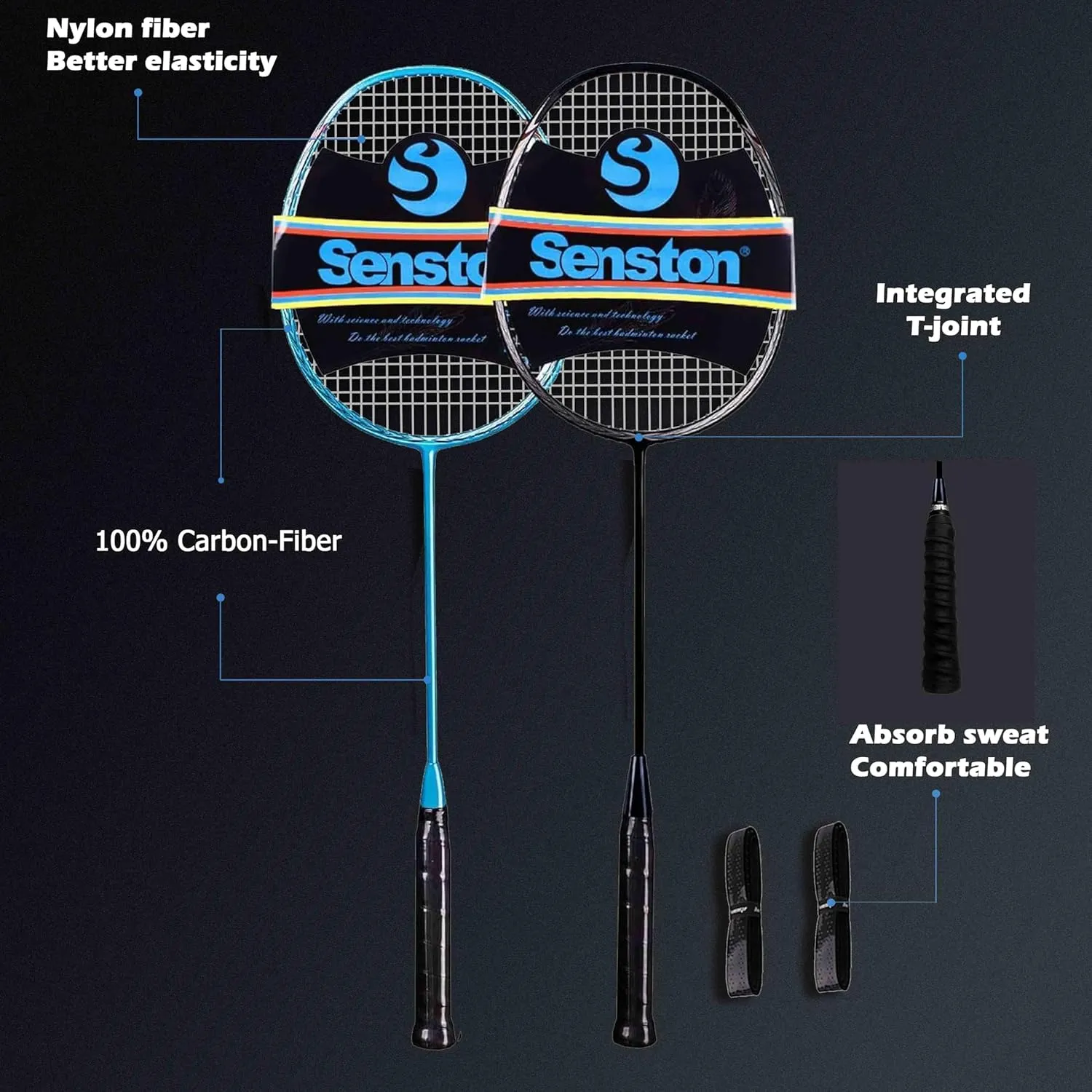 Senston Badminton Racquet Lightweight Professional Full Carbon-Fiber 5U Badminton Rackets Set with Grip